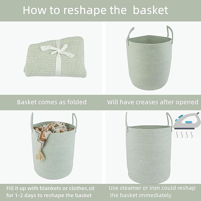 Cotton Rope Laundry Basket Hamper for Clothes Woven Storage Basket for Living Room Bedroom Boho Tall Rope Baskets for Blanket Toys Pillow Towels Baby Nursery Hamper Bin green