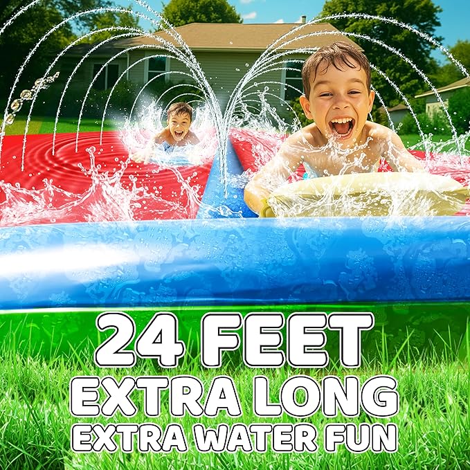 JAMBO 24Ft XL Slip Splash and Slide and 2 Bodyboards, Heavy Duty Lawn Water Slide, Summer Water Toy with Sprinkler for Backyard Outdoor Water Fun n Toys for Kids, Splash Mat Splash Pad
