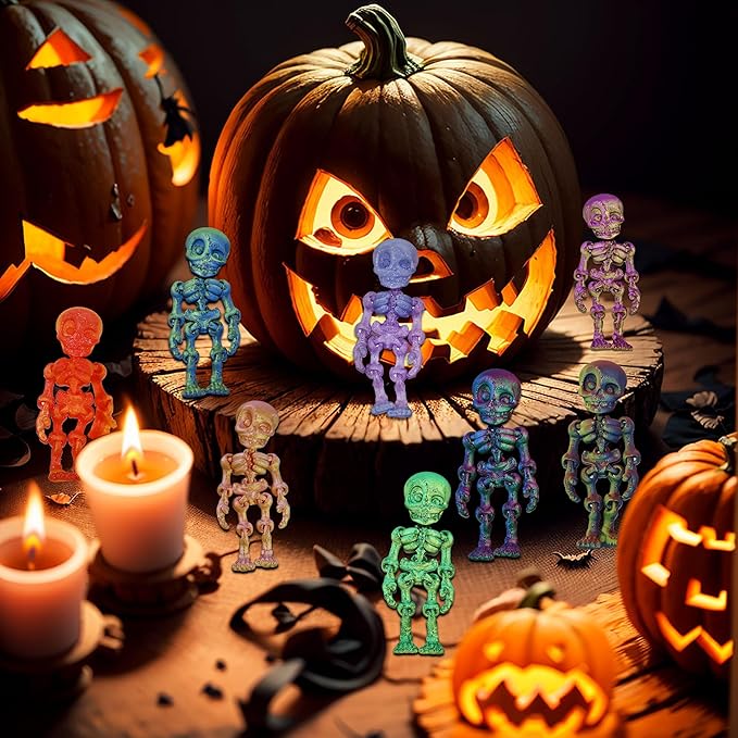 14 pcs 3D Printed Skeleton Figurines, Colorful 3.15 Inch Halloween Decorations, Fun Spooky Skull Toys for Desk, Party, or Shelf Display