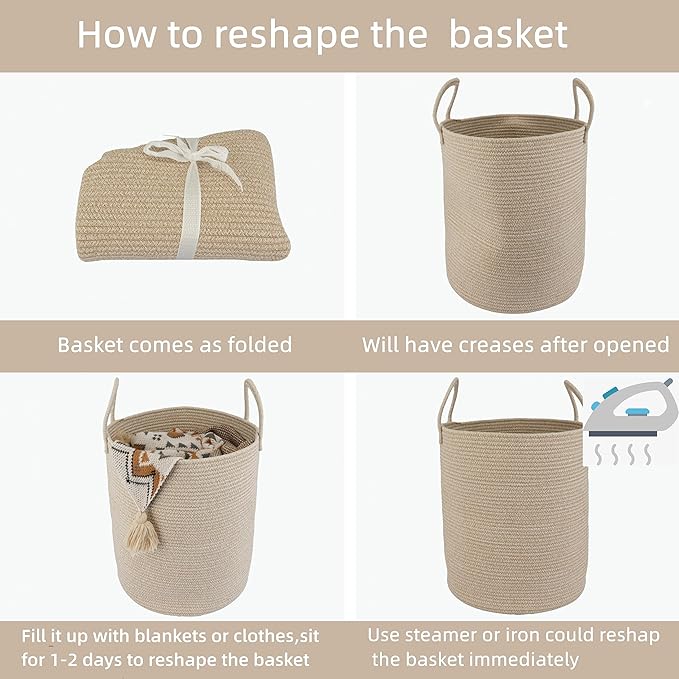 Cotton Rope Laundry Basket Hamper for Clothes Woven Storage Basket for Living Room Bedroom Boho Tall Rope Baskets for Blanket Toys Pillow Towels Baby Nursery Hamper Bin oatmeal