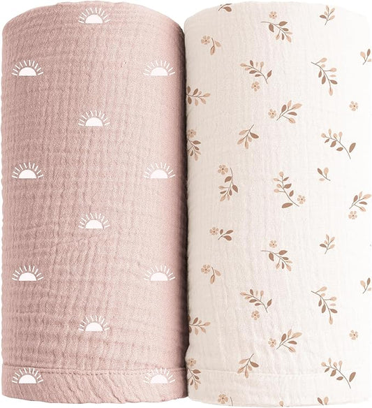 Konssy Muslin Swaddle Blankets for Girls Boys, 2 Pack Receiving Baby Blanket Large 47 x 47 inches, Soft Breathable Swaddling Wrap for Unisex Newborn (Pink Sun,Khaki Leaf)