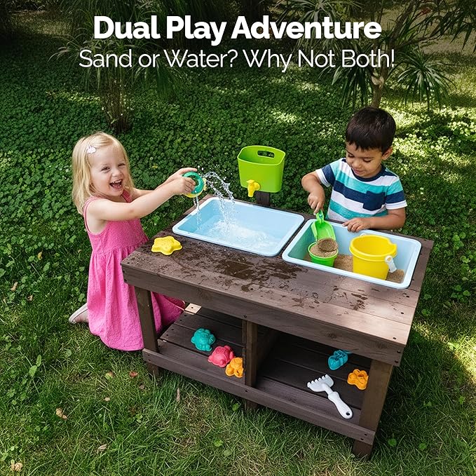 WONKAWOO Sand and Water Table for Toddlers | Outdoor Wooden Sensory Sand Table with 2 Plastic Bins, Built-in Water Tap and Beach Toys Included | Sand & Splash Oasis™ Standing Play Activity Table