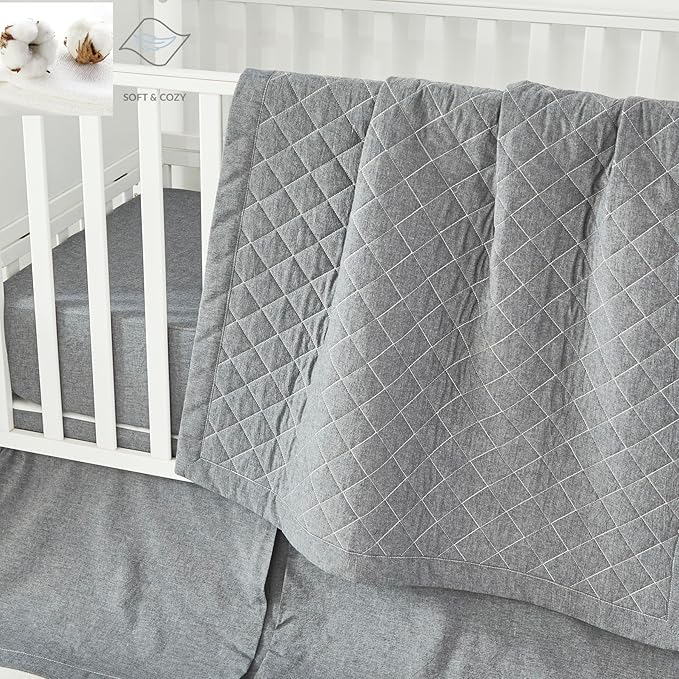 Brandream Gender Neutral Boho Bohemian Farmhouse Chic Baby Crib Bedding Set 100% Washed Cotton Like Linen Supersoft Classic Quilted Plaid Design Nursery Collection (Grey, 6-Piece)