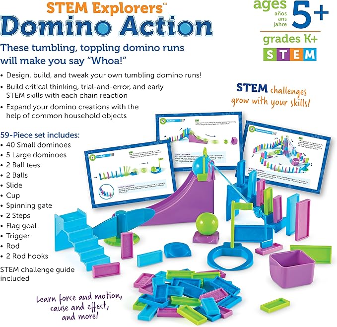 Learning Resources STEM Explorers Domino Action - 59 Pieces, Age 5+ STEM Toys for Kids, Domino for Kids