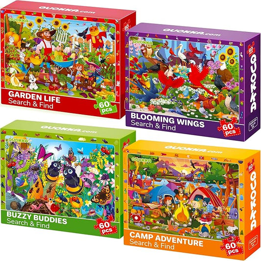 QUOKKA Puzzles for Kids Ages 6-8 - Toddler Puzzles Ages 4-6 - 4-Pack 60 Piece Search and Find Animals and Bugs Jigsaw Puzzle 5-8 - Learning Toys for 3 Year Old Boys and Girls - Educational Games Gift