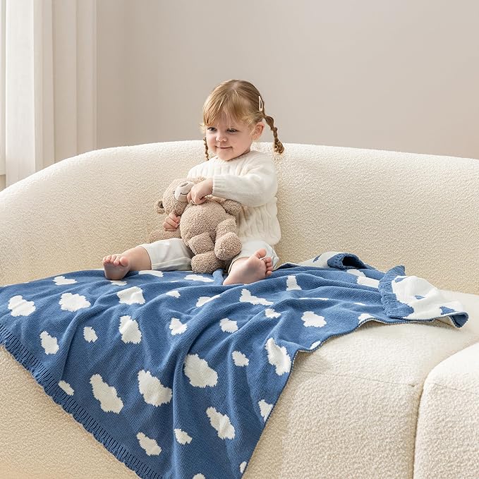 Berkshire Baby Blanket,Ultra-Plush Reversible Chenille Knit Toddler Blanket,Cute Pattern Nursery Crib Blanket,Ideal Baby Gift(30x40 Inches,Bouncy Clouds Harbor Blue)