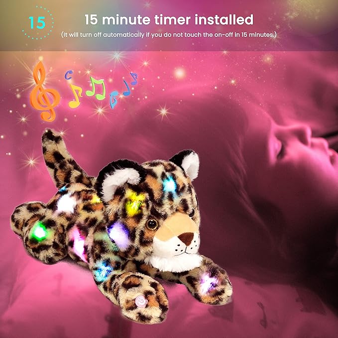 Hopearl LED Musical Stuffed Cheetah Lighting Up Singing Plush Leopard Toy Adjustable Volume Lullaby Animated Soothe Birthday Festival for Kids Toddlers Boys, 14''