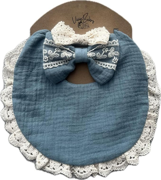 Baby Girl Gift Set, Muslin BoHo Bib with Lace and Matching Bows, Absorbent Cotton Adjustable Bib for Newborn Infant Toddler