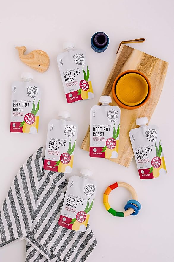 Serenity Kids Beef Bone Broth Puree with Organic Veggies - Protein-Rich BPA-Free Pouches & Grass Fed Beef Baby Food - Clean Label Project Purity Award Certified - 3.5 Oz, 6 Pack