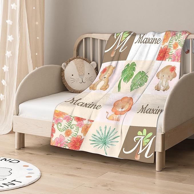 Personalized Baby Blanket for Girls Boys Animals Custom Baby Blanket with Name Swaddle Blanket for Toddlers Infants Kids Shower Newborns Nursery Stroller Crib Decor Throw Birthday Gift