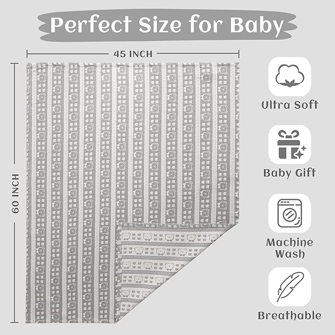 NTBAY 3 Layer Oversized Muslin Cotton Toddler Blanket, Jacquard Reversible Nursery Bed Blanket, Super Soft and Thermal for All Seasons, Baby Gift, 45"x60", Dark Grey Bear