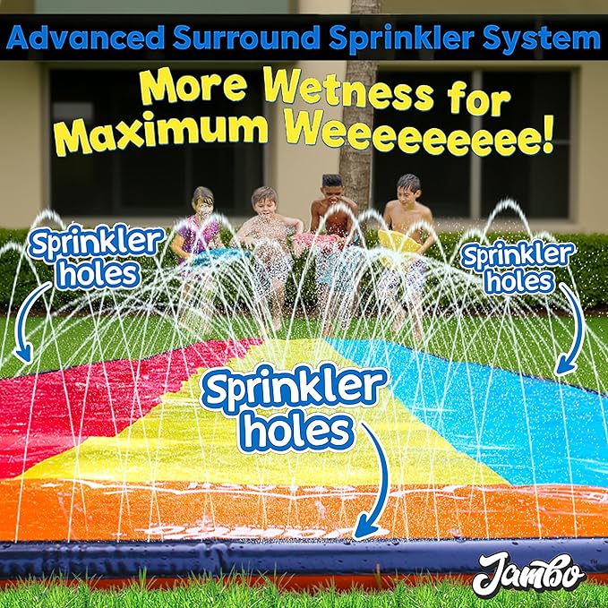 JAMBO Premium Triple Water Slide with 3 Bodyboards, 20Ft Heavy Duty Slip Splash and Slides-Advanced 3-Way Sprinkler System, Splash Pad Mat Backyard Summer Outdoor Water Toys n Long Slides for Kids