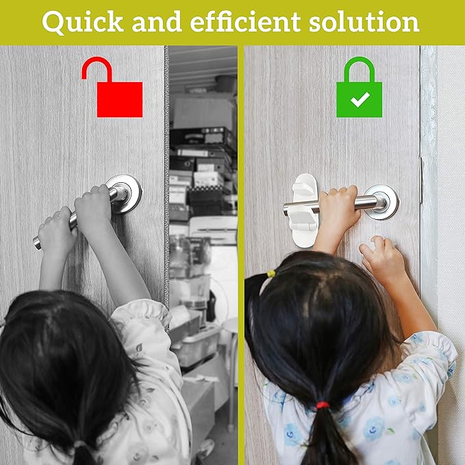 Door Lever Lock (6 Pack) Prevents Toddlers from Opening Doors. 3.25" L * 1.5" W * 4.5" H Easy One Hand Operation for Adults. Durable ABS with 3M Adhesive Backing. Simple Install, No Tools Needed.