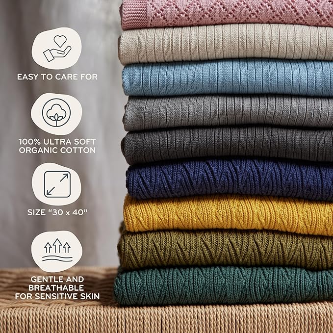 Knitted Organic Cotton Baby Blanket- Swaddle Blanket, 30" x 40" Soft Receiving Blanket for Newborn (Waves-Yellow)