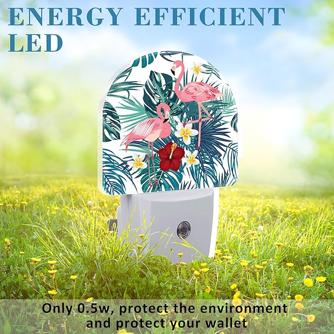 Night Light Plug into Wall with Flamingo and Palm Leaves, Dusk to Dawn Sensor for Room Decor, Hallway, Kitchen, Bathroom, Nursery, Stairs