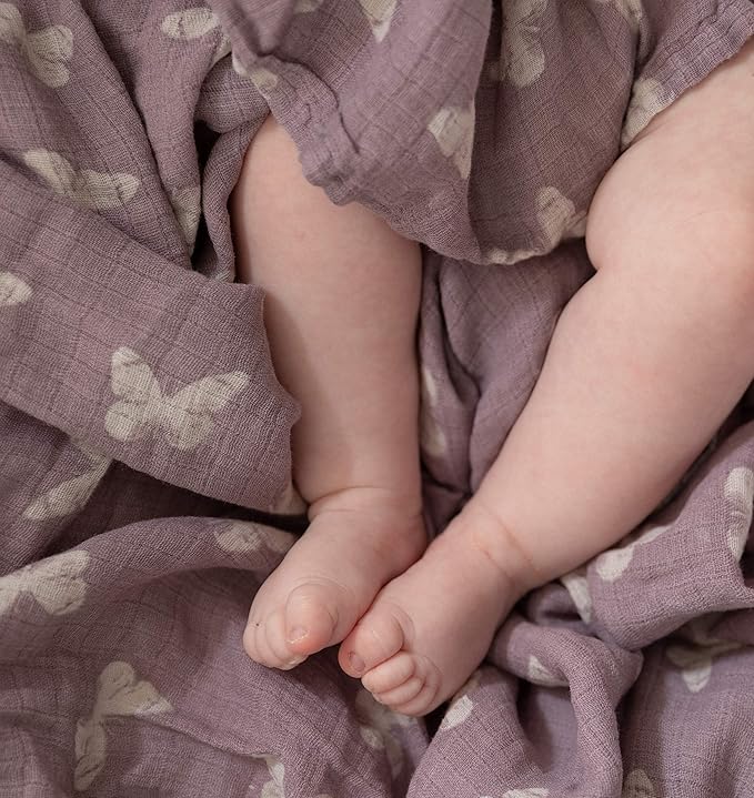 Ely's & Co. Muslin Swaddle Blankets for Baby Girls – 3 Pack, 47" x 47" Lavender Butterfly Design, 100% Soft Muslin Cotton