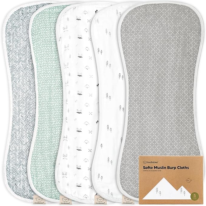 5-Pack Muslin Burp Cloths Baby Boy, Girl - Very Absorbent Baby Burp Cloth Rags, 8-Layers Viscose Derived from Bamboo Cotton Muslin Towel, Super Soft Spit Up Rags, No Shrink Washcloths (Nordic)