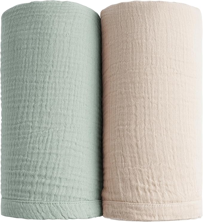 Konssy Muslin Swaddle Blankets for Boys Girls, 2 Pack Receiving Baby Blanket Large 47 x 47 inches, Soft Breathable Swaddling Wrap for Unisex Newborn (Green, Cream)