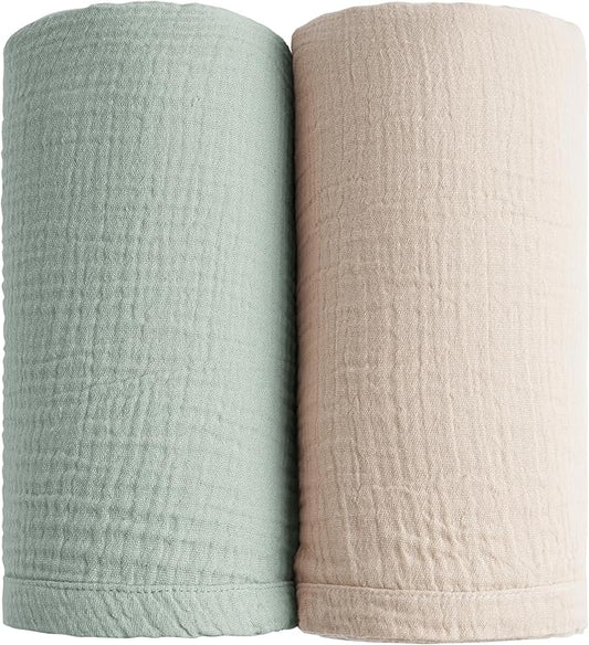 Konssy Muslin Swaddle Blankets for Boys Girls, 2 Pack Receiving Baby Blanket Large 47 x 47 inches, Soft Breathable Swaddling Wrap for Unisex Newborn (Green, Cream)