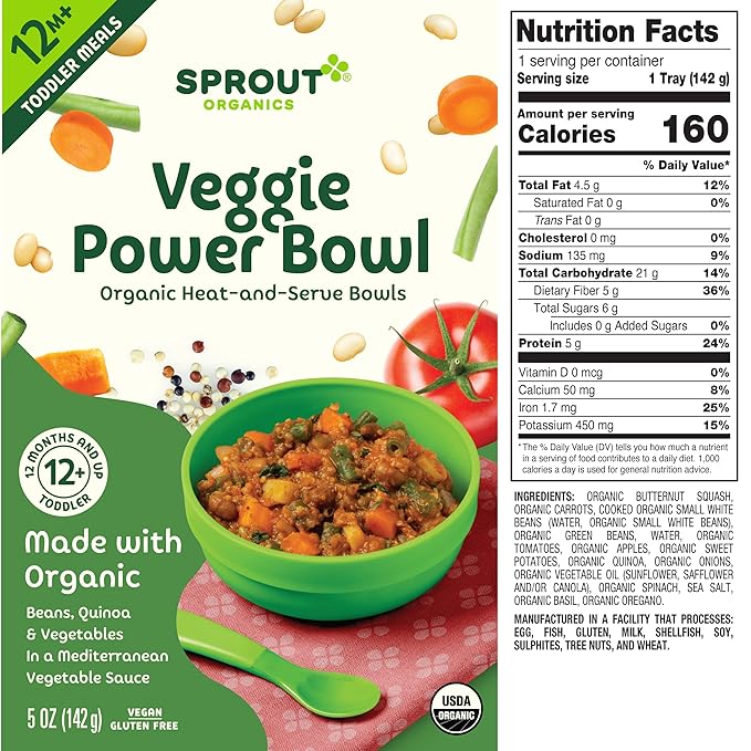 Sprout Organic Baby Food, Toddler Meals, Mediterranean Veggie Power Bowl with Beans & Quinoa, 5 Oz Bowl (8 Count)