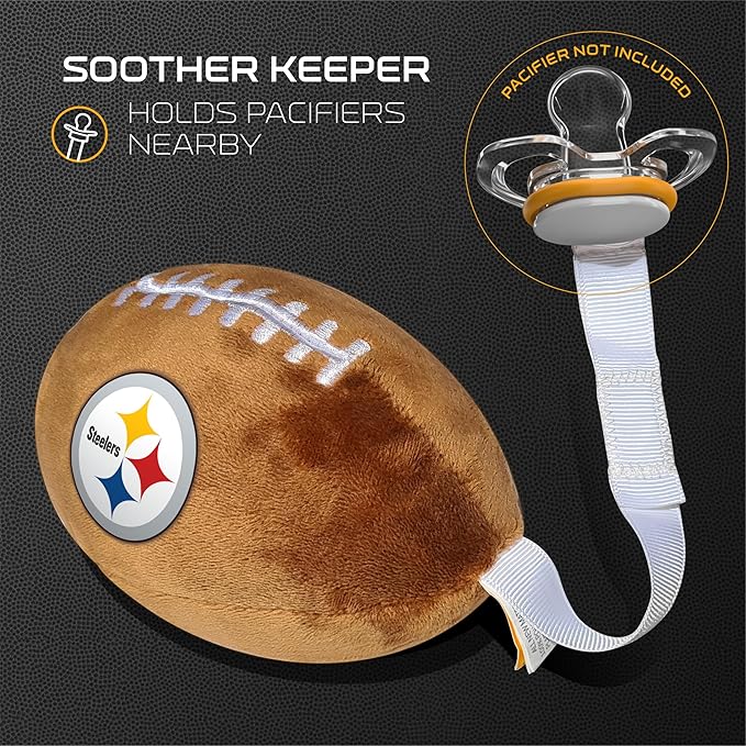 Pittsburgh Steelers Plush Football Pacifier Holder by Smilo - Officially Licensed NFL Soother Holder - Soft Plush Toy and Dummy Holder - Fits Any Pacifier - Stroller Accessory & Newborn Essential
