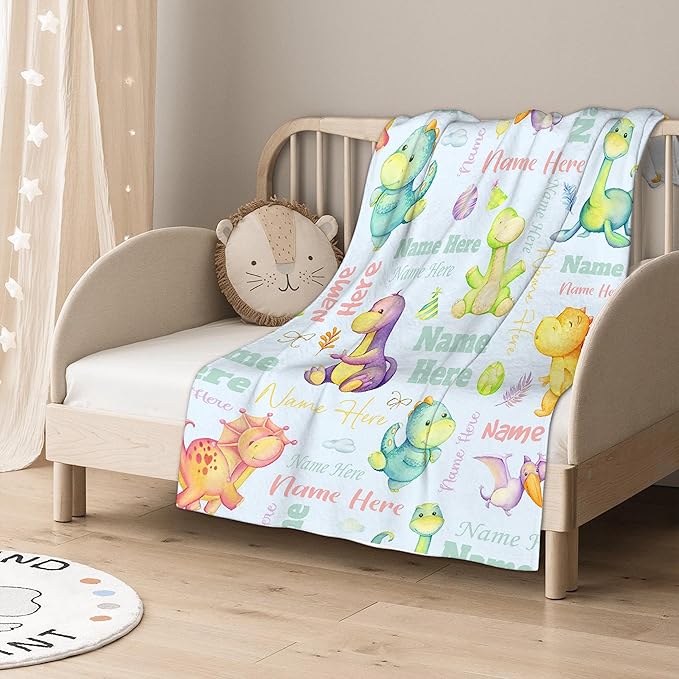 Personalized Dinosaur Custom Baby Blanket with Name - Swaddle Blanket for Toddlers, Infants, Kids - Shower, Newborns, Nursery, Stroller, Crib Decor - Throw - Birthday Gift