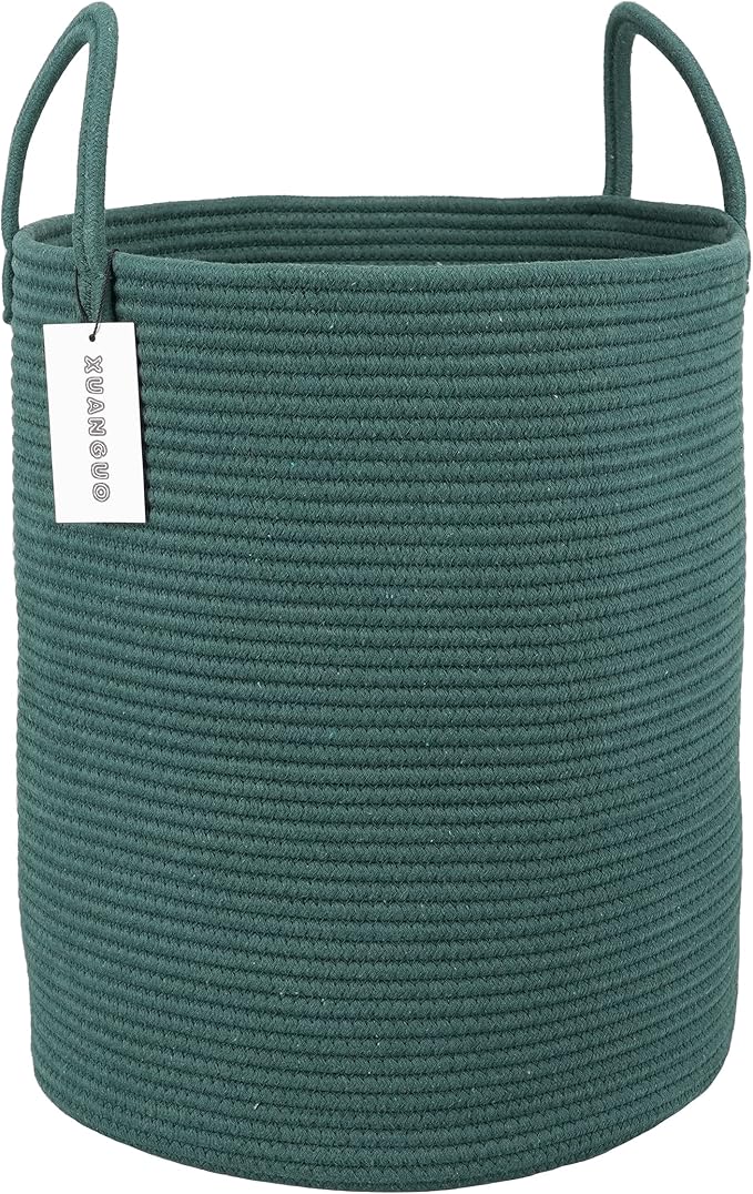 Cotton Rope Laundry Basket Hamper for Clothes Woven Storage Basket for Living Room Bedroom Boho Tall Rope Baskets for Blanket Toys Pillow Towels Baby Nursery Hamper Bin Large dark green