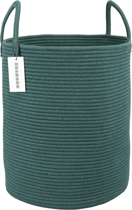 Cotton Rope Laundry Basket Hamper for Clothes Woven Storage Basket for Living Room Bedroom Boho Tall Rope Baskets for Blanket Toys Pillow Towels Baby Nursery Hamper Bin Large dark green