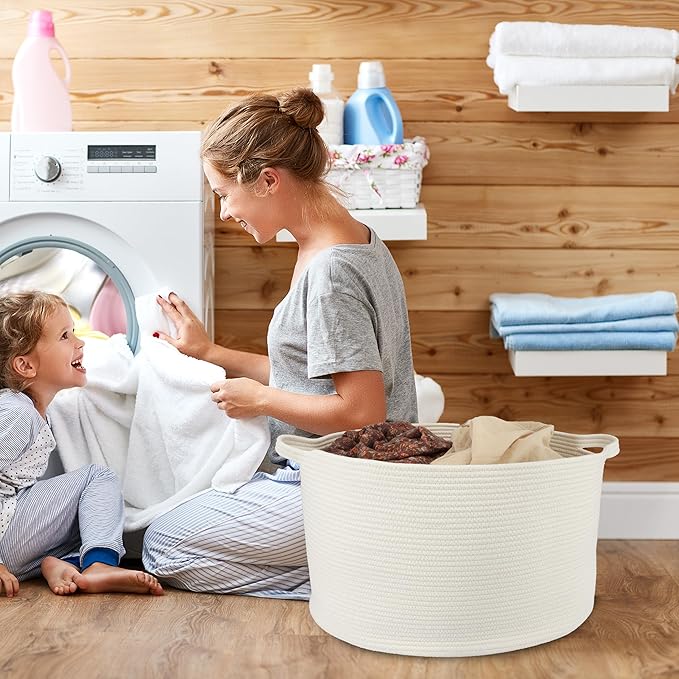 Large Cotton Rope Basket Blankets Basket Living Room 22"x14" Toy Basket for Kids and Dogs Rope Storage Basket for Nursery Woven Laundry Basket for Clothes Towels Baby Toy Storage round white