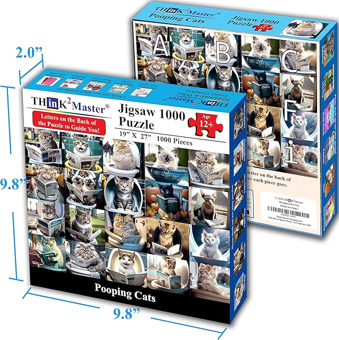 Think2Master Pooping Cats & Kittens 1000 Pieces Jigsaw Puzzle. Perfect Bathroom Decoration, Gag Gift. Fun for Teens, Seniors & Families. Great Gift for Kids Ages 13+. Size: 26.8” x 18.9”
