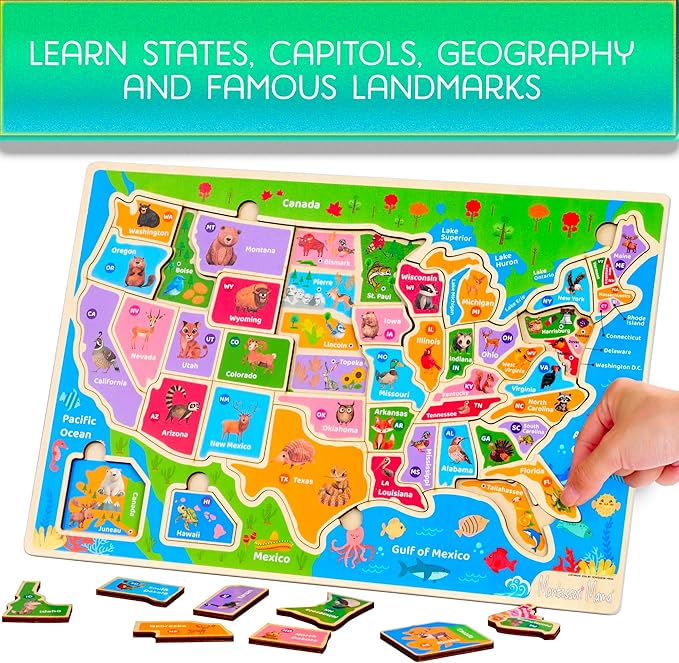 Montessori Mama Wooden Puzzles for Kids Ages 4-6, USA States and Capitols, World Continents and Oceans, Combo Set 2 Toddler Puzzles