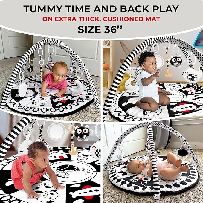 QUOKKA Padded Baby Gym Mat for Floor Tummy Time - Super Soft Black&White Play Gym Mat for Kids Toddlers & Infants - 6 Toys | Thick Pad | Machine Washable | Black White Colors for Vision Development
