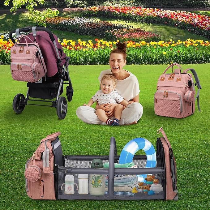 Baby Diaper Bag Backpack Diaper Bag Multifunctional Waterproof Diaper Bag with Changing Station Travel Diaper Backpack with Changing Pad, Pacifier Case & Stroller Straps(Pink)