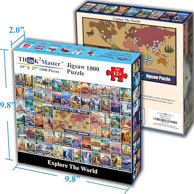 Think2Master Colorful Vintage World Travel Poster 1000 pieces Large Format Jigsaw Puzzle for kids 12+, teens, adults & families. Great gift for people wanting to explore the World. Size: 26.8” X 18.9”