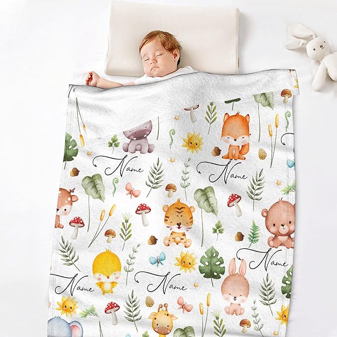 Personalized Baby Blanket for Girls Boys Animals Fox Custom Baby Blanket with Name Swaddle Blanket for Toddlers Infants Kids Shower Newborns Nursery Stroller Crib Decor Throw Birthday Gift