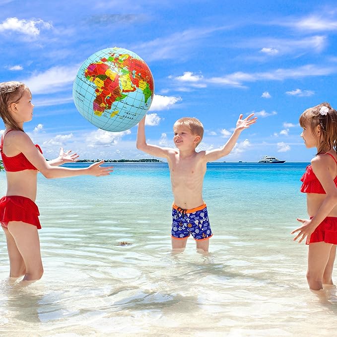 ArtCreativity Inflatable World Globe Ball Set Set of 6 Print Blue and Clear - Colorful Earth Map, 16 Inch Inflatable Beachball for Pool, Summer Fun Toys for Kids, Learning and More