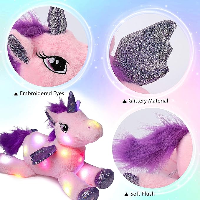 Hopearl LED Plush Unicorn Lighting Up Stuffed Animal Floppy Night Lights Glow in The Dark Birthday Festival for Kids Toddler Girls, Pink, 16''