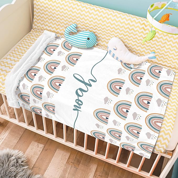 Custom Baby Name Blanket, Personalized Baby Blanket with Boho Rainbow and Hearts, Customized Shower Gift for Girls, Christmas Birthday Expecting Mom Gift for Baby Girls