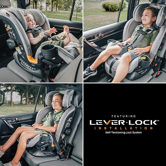 Chicco OneFit Max ClearTex All-in-One Car Seat with LeverLock Installation, Slim Design, Convertible Car Seat, Seat for Infants and Children 5-100 lbs | Ash/Grey