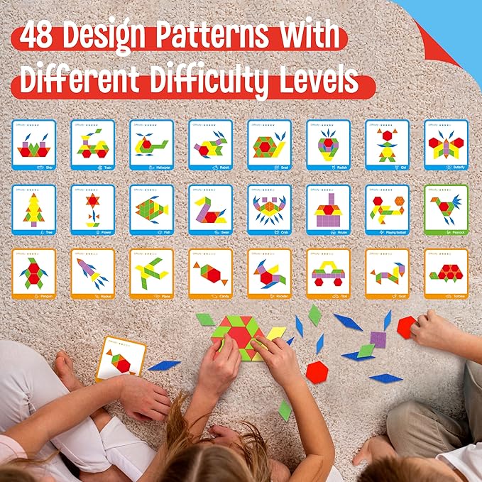 215 PCS Wooden Pattern Blocks Set, 24 Double-Sided Design Cards Pattern Building Shapes Educational Geometric Shape Puzzle Fun Tangram Montessori Learning Toys for Kids Ages 4-8 (A Storage Bag)