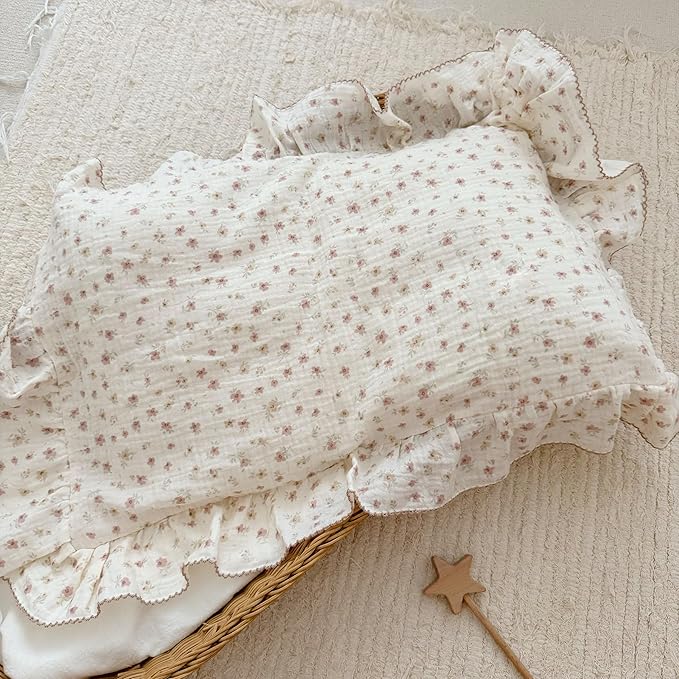 BuLuTu Soft Cotton Kids Pillowcases for Girls Boys, Pink Floral Toddler Pillowcases Standard Size, Cotton Muslin Pillow Protector for Children Bedding Gift, Envelope Closure, 20"x26", 1 pc