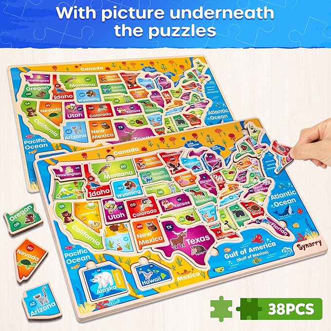 SYNARRY Large USA Wooden Puzzles for Kids Ages 3-5, Learning United States Map Puzles for Kids Ages 4-6, Wood Jigsaw Puzzles Educational Games Toys Gifts for Boys Girls Ages 3-8