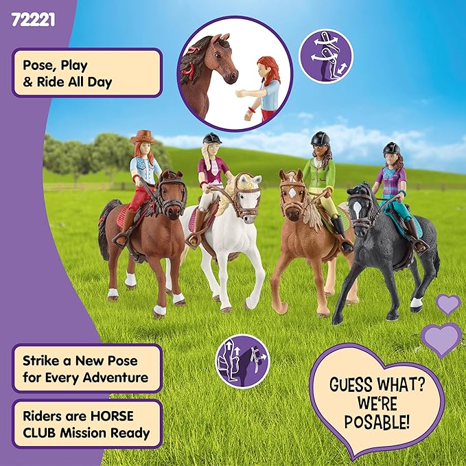 Schleich Horse Club - Complete 40PC Horse Club Rider Playset - Hannah, Sofia, Lisa and Sarah Poseable Rider Figures with Horses and Riding Accessories - Equestrian Toy Set for Kids Ages 5+ | 72221