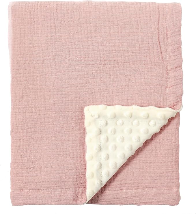 CREVENT 30''X40'' Organic Muslin Cotton Baby Blanket for Newborns, Soft Mink Backing, Essential for Baby Shower Birthday Gift - Pink 75X100cm