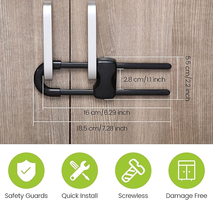 Jetec 10 Pieces Cabinet Locks for Babies, U-Shaped Proofing Drawers Safety Child Locks Adjustable, Easy to Use Childproof Latch for Knob Handle on Kitchen Door Storage Cupboard Closet (Black)