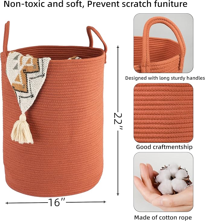 Cotton Rope Laundry Basket Hamper for Clothes Woven Storage Basket for Living Room Bedroom Boho Tall Rope Baskets for Blanket Toys Pillow Towels Baby Nursery Hamper Bin Large rustic
