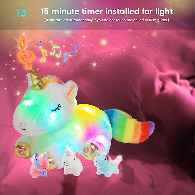 Hopearl LED Musical Stuffed Unicorn Playset Lighting Up Singing Plush Toy Mommy Unicorn with 3 Baby Unicorns in her Tummy Adjustable Volume Lullaby Animated Soothe Gifts for Kids Girls, White, 19''
