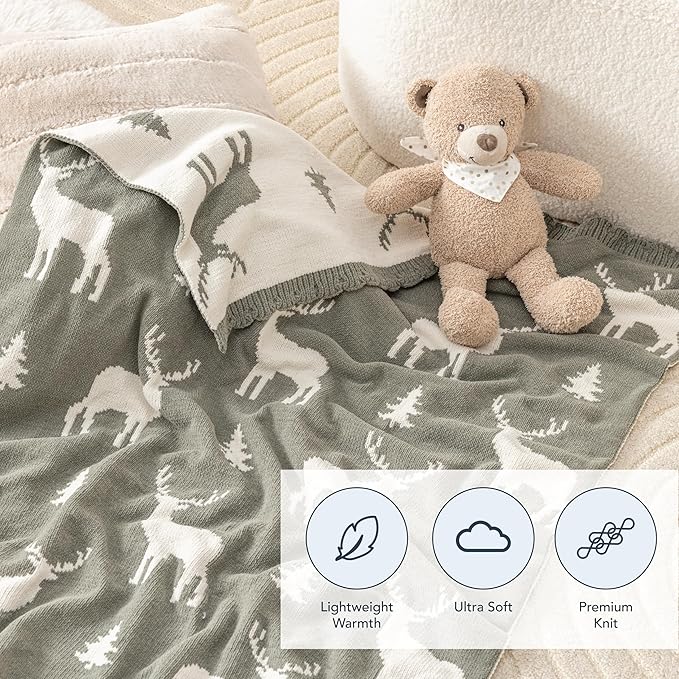 Berkshire Baby Blanket,Ultra-Plush Reversible Chenille Knit Toddler Blanket,Cute Pattern Nursery Crib Blanket,Ideal Baby Gift(30x40 Inches,Woodland Deer Farmhouse Sage)