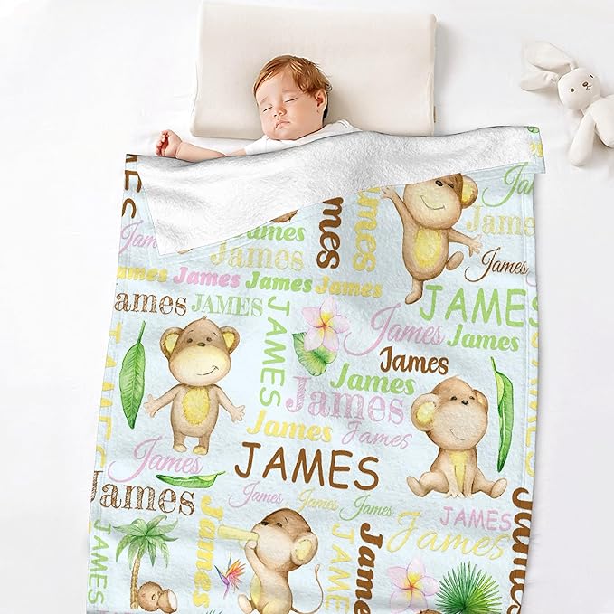 Personalized Baby Blanket for Girls Boys Monkey Custom Baby Blanket with Name Swaddle Blanket for Toddlers Infants Kids Shower Newborns Nursery Stroller Crib Decor Throw Birthday Gift