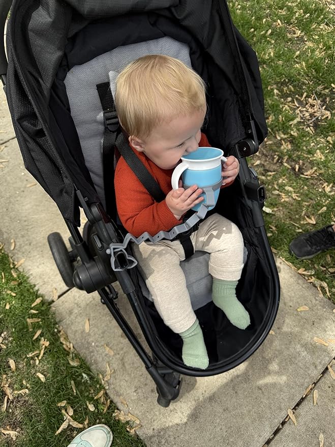 Busy Baby Bottle Bungee - Sippy Cup Strap - Keeps Bottles and Sippy Cups Off The Floor - Food Grade Silicone - Dishwasher Safe (Blue)